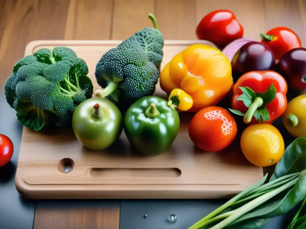 Una composición vibrante de frutas y verduras coloridas y detalladas en tabla de madera con gotas de agua