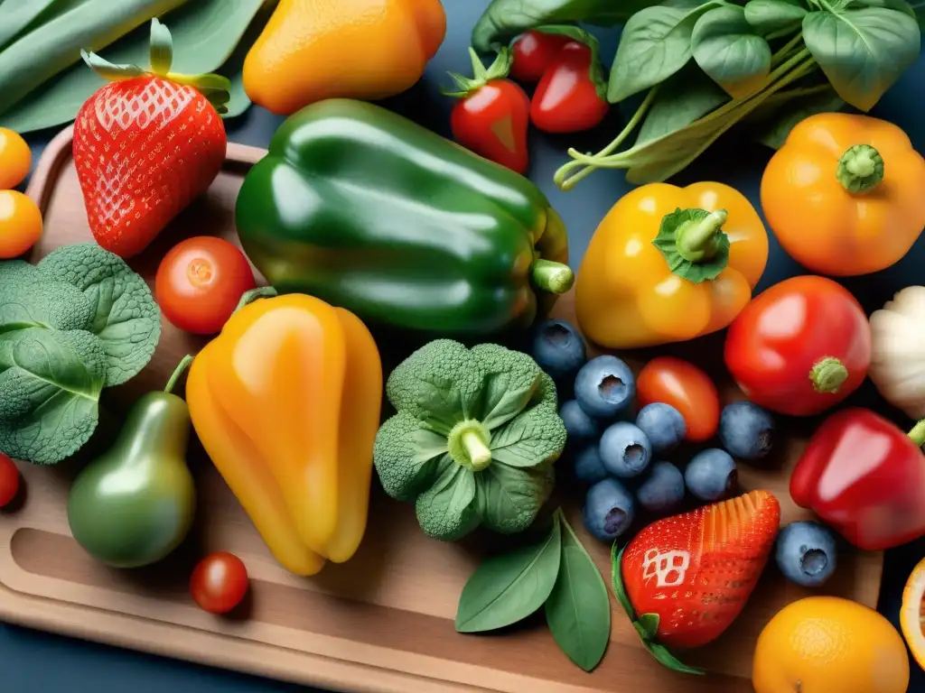 Una composición vibrante de frutas y verduras frescas en una tabla de cortar de madera