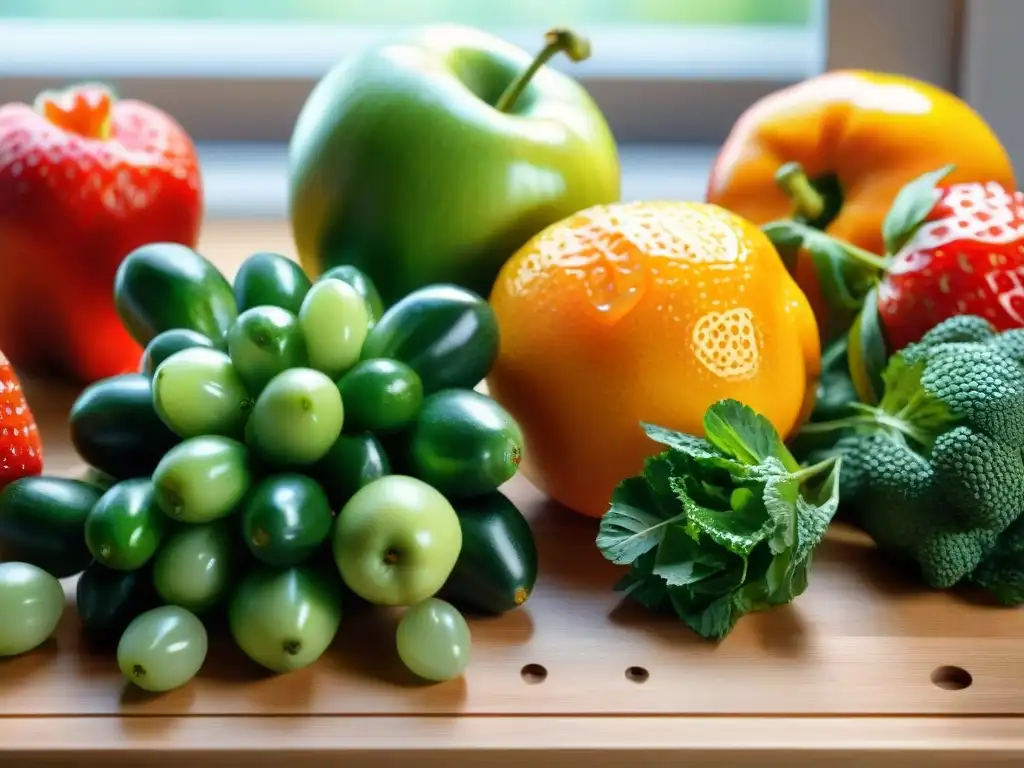 Una composición vibrante de frutas y verduras frescas sobre tabla de cortar, con gotas de agua brillando al sol