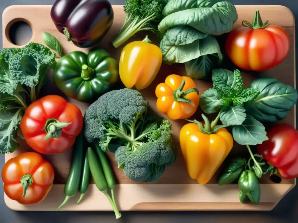 Una composición vibrante de frutas y verduras de temporada en tabla de madera