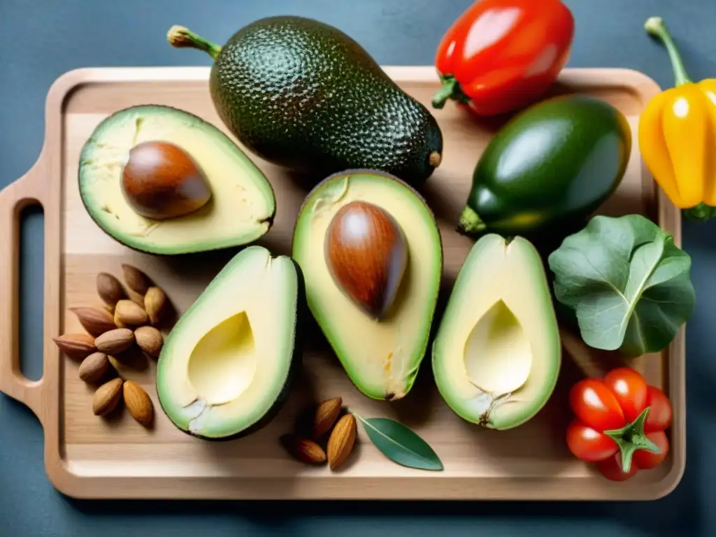 Una composición vibrante de grasas saludables en dieta sin gluten: aguacates, frutos secos, semillas, aceite de oliva, pescado graso y vegetales