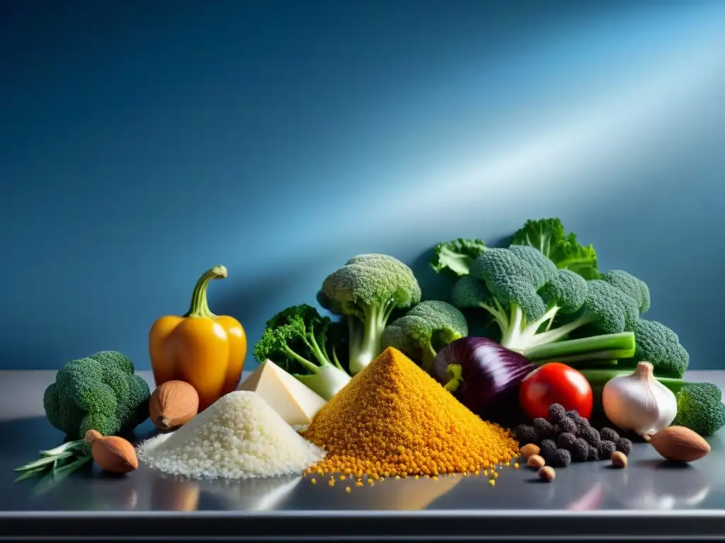 Ingredientes sin gluten: Detalles vibrantes en cocina moderna Una composición vibrante de ingredientes para impresión 3D sin gluten en una cocina moderna y brillante