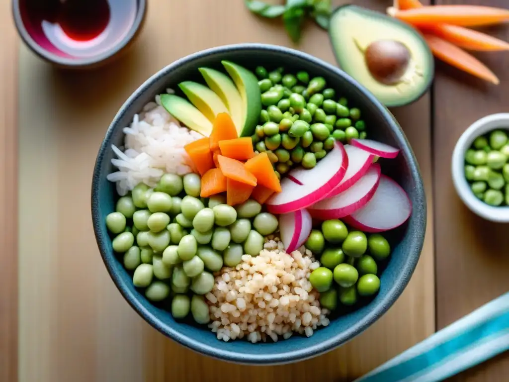 Una composición vibrante de ingredientes frescos para un poke bowl sin gluten receta, en una mesa de madera