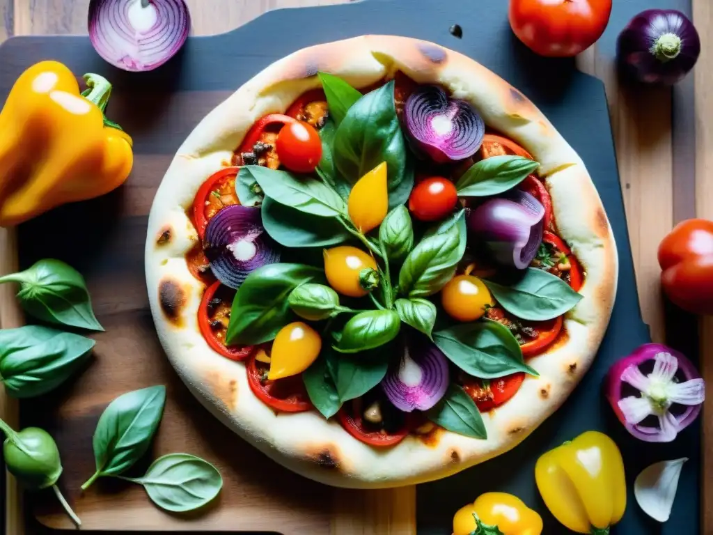 Una composición vibrante de ingredientes frescos para pizzas veganas sin gluten recetas, sobre tabla de madera rústica