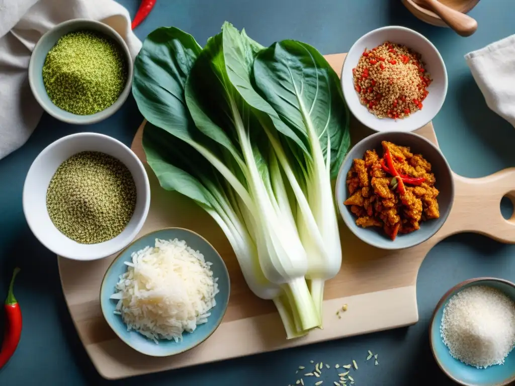 Una composición vibrante de ingredientes para receta kimchi sin gluten casero en una tabla de madera rústica