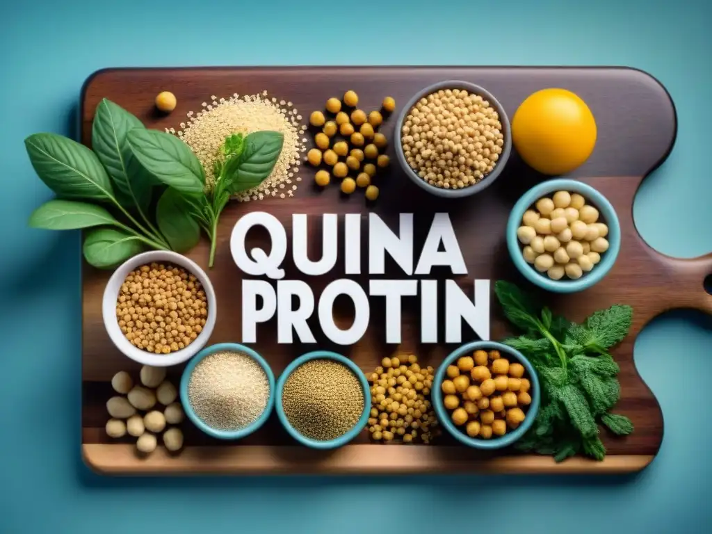 Una composición vibrante de proteínas sin gluten en la dieta, como quinoa, lentejas, garbanzos, tofu, frutos secos y semillas, sobre tabla de madera