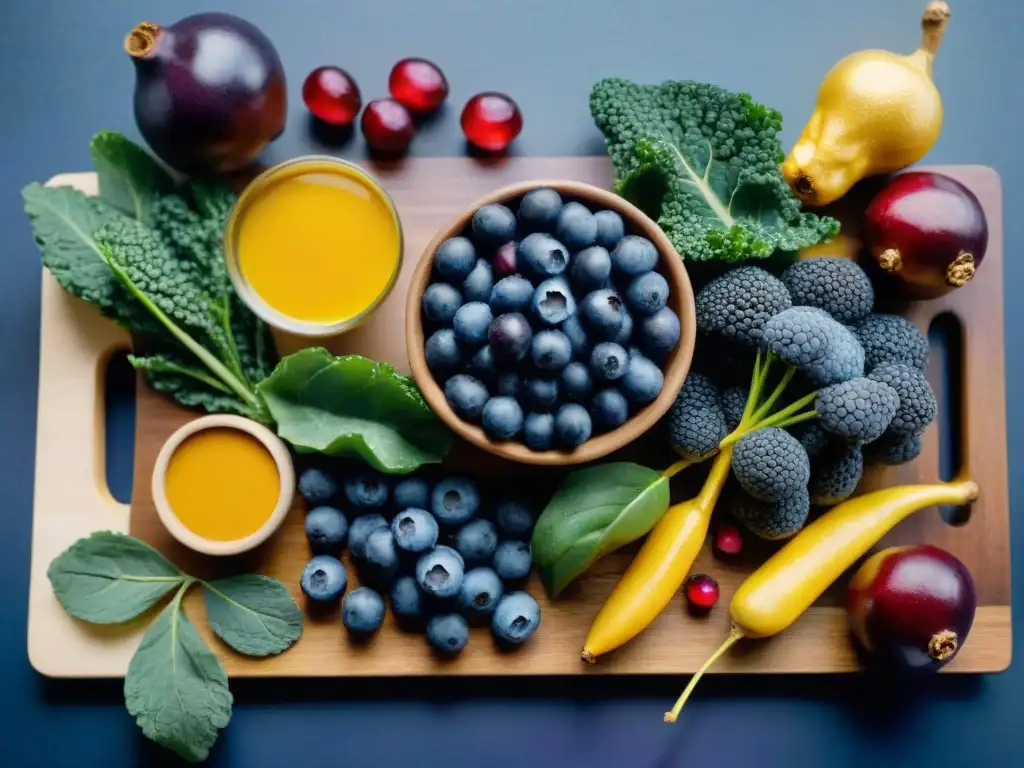 Una composición vibrante de superfoods coloridos en tabla de madera: arándanos, kale, cúrcuma, granada y açaí