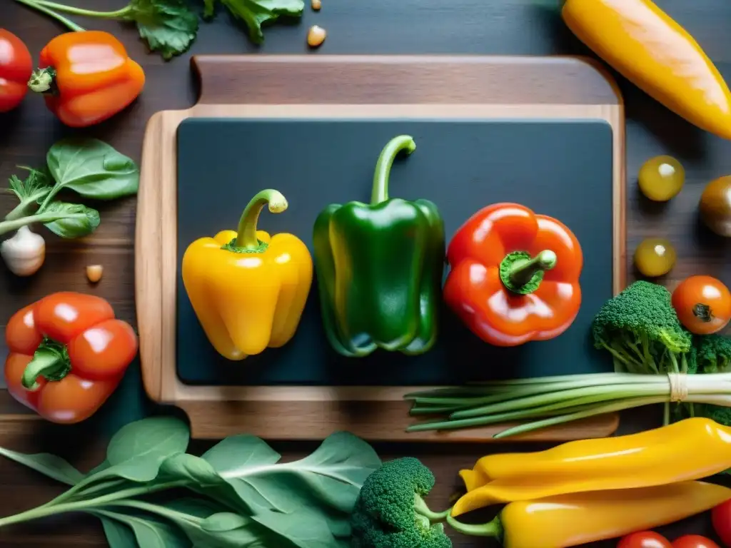 Una composición vibrante de verduras frescas y coloridas en tabla de cortar de madera, ideal para recetas veganas sin gluten fáciles