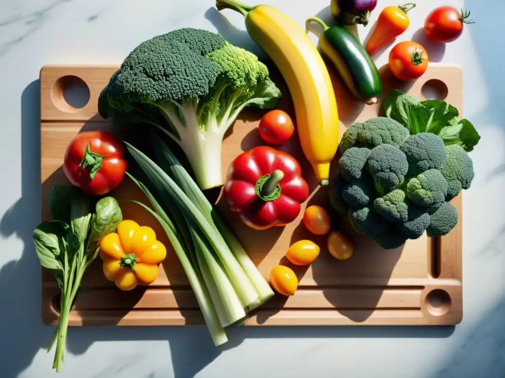 Una composición vibrante de verduras frescas sobre tabla de cortar sin gluten, iluminada por luz natural