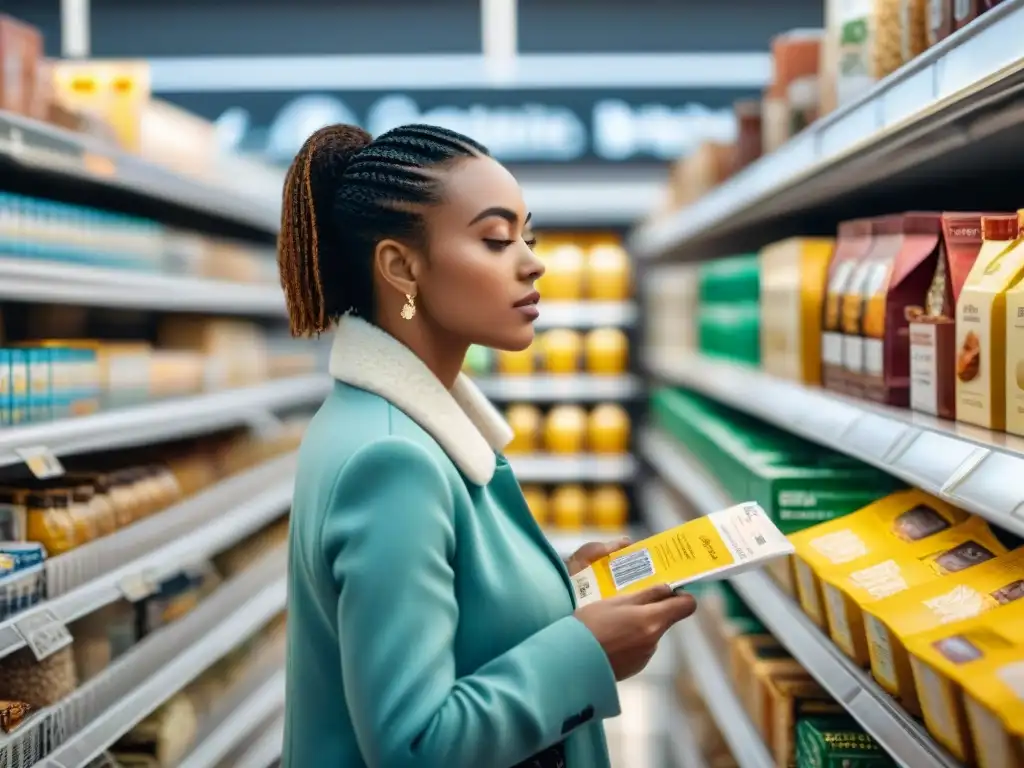 Compra consciente productos sin gluten: Grupo diverso leyendo etiquetas en pasillo de supermercado con productos sin gluten en estantes