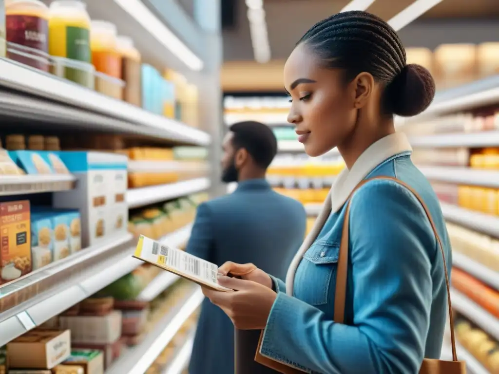 Compra consciente productos sin gluten en un supermercado moderno con diversidad de personas leyendo etiquetas detenidamente