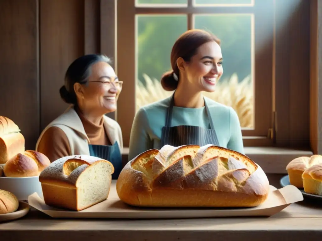 Una comunidad diversa disfruta de pan sin gluten recetas innovadoras en una mesa de madera rústica, bajo la cálida luz del sol