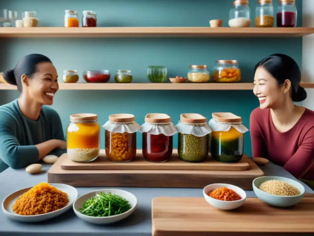 Comunidad feliz disfrutando de una comida sin gluten fermentada en una cocina acogedora