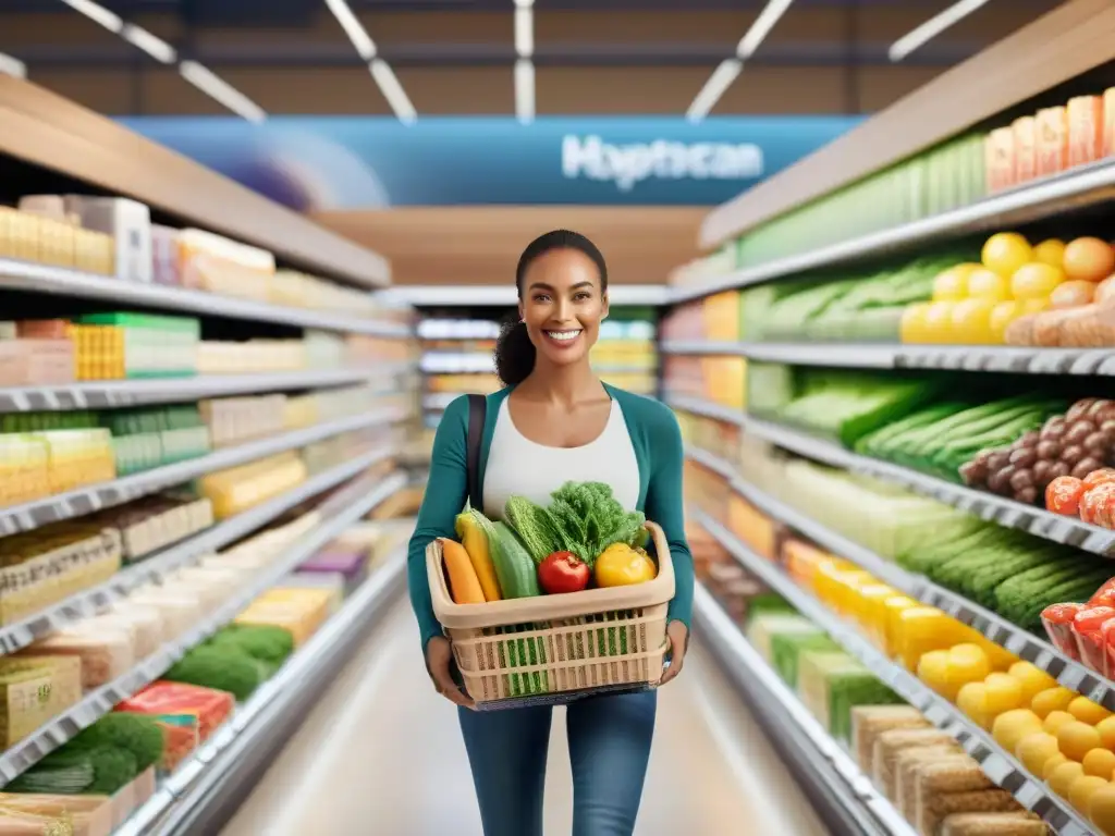 Comunidad feliz de compras con opciones sin gluten en supermercado moderno