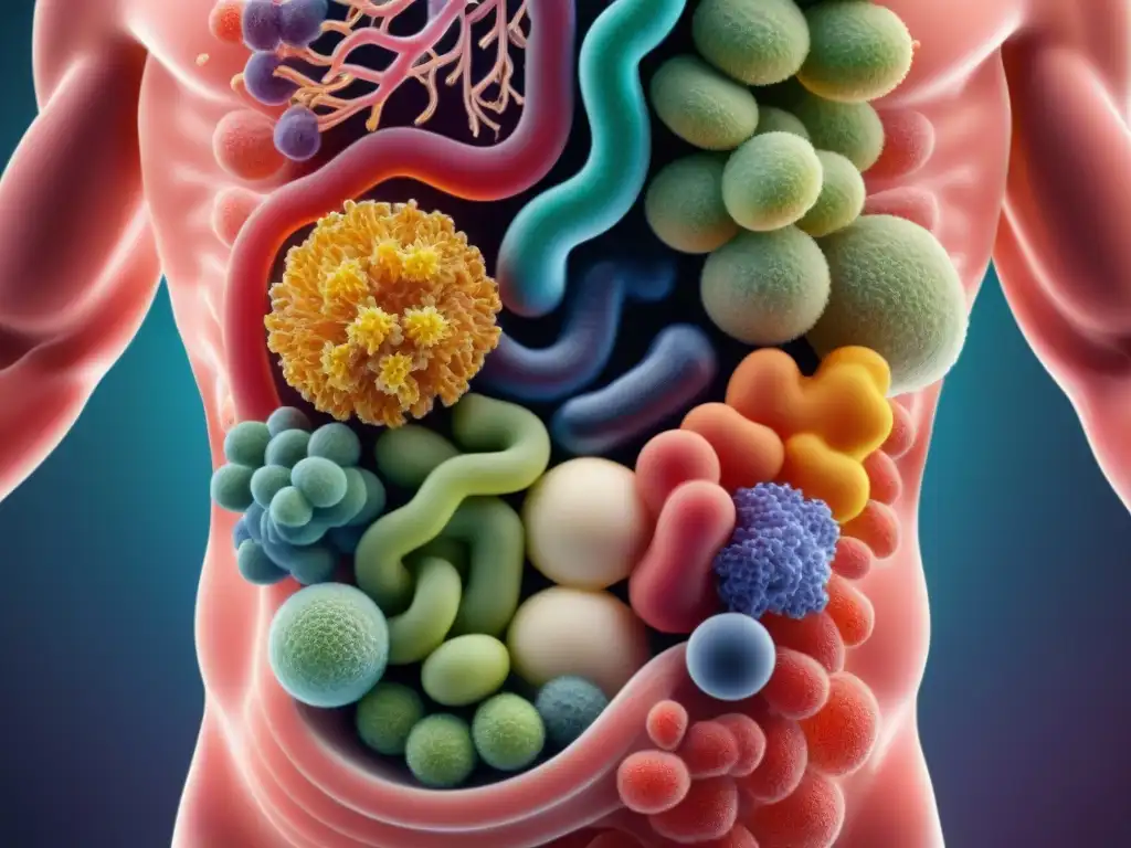 Una comunidad microbiótica diversa y vibrante en un intestino saludable, destacando la importancia de la dieta sin gluten en la microbiota intestinal