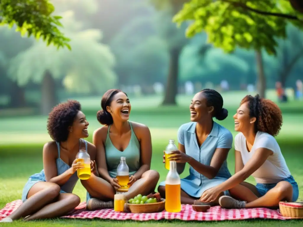 Diversión y comunidad en un picnic con niños de diversas culturas disfrutando de Recetas de Kombucha sin gluten en un parque verde y colorido