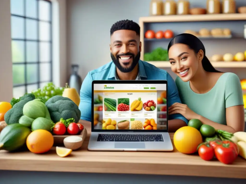 Comunidad sonriente comprando alimentos sin gluten en tienda online