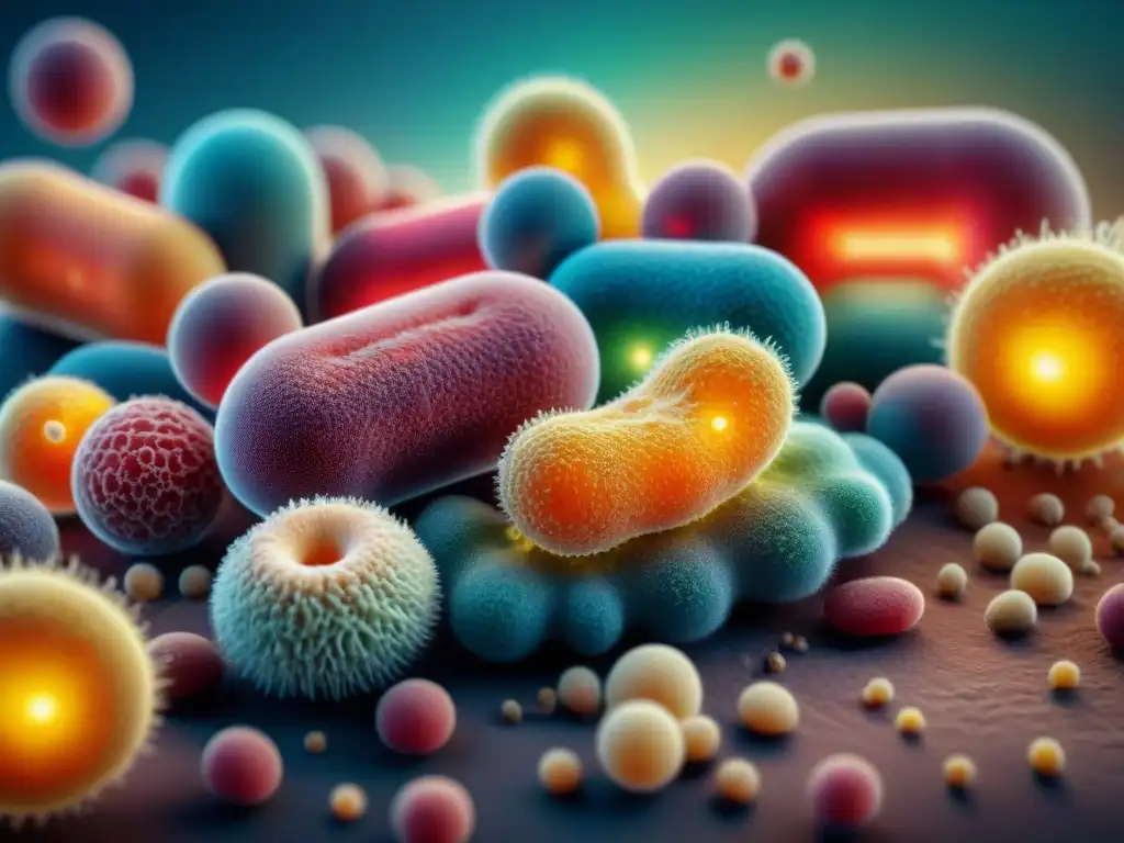 Una comunidad vibrante de bacterias probióticas de colores se mezcla armoniosamente en un ambiente intestinal dinámico y saludable