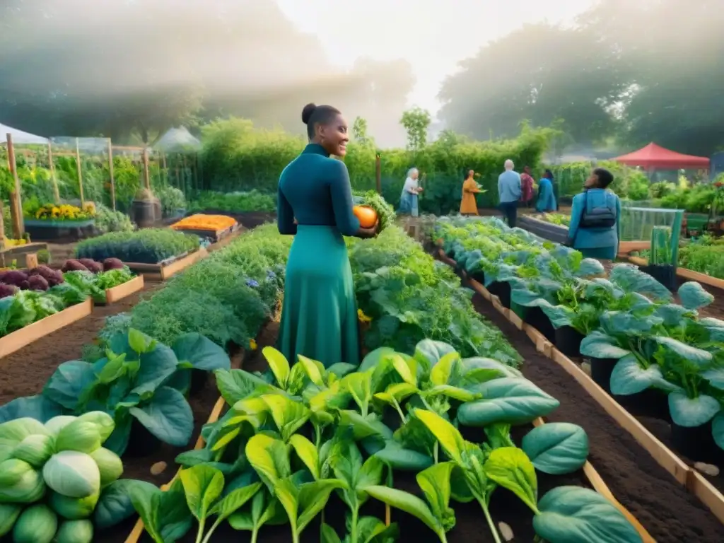 Un jardín comunitario vibrante y diverso con frutas y verduras coloridas y maduras, donde personas de diferentes edades y orígenes trabajan juntas