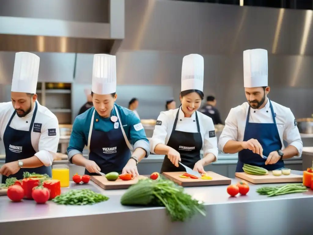 Concurso de cocina sin gluten: Competidores apasionados preparan platos en una cocina moderna y vibrante