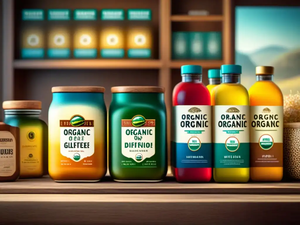 Un conjunto variado de etiquetas de productos orgánicos sin gluten, con diseños vibrantes y detallados, organizadas en una mesa de madera