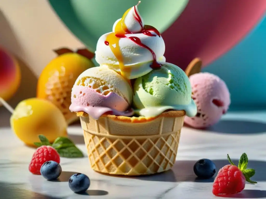 Un cono de helado sin gluten, con bolitas de colores y frutas frescas, en una alegre heladería al aire libre en verano