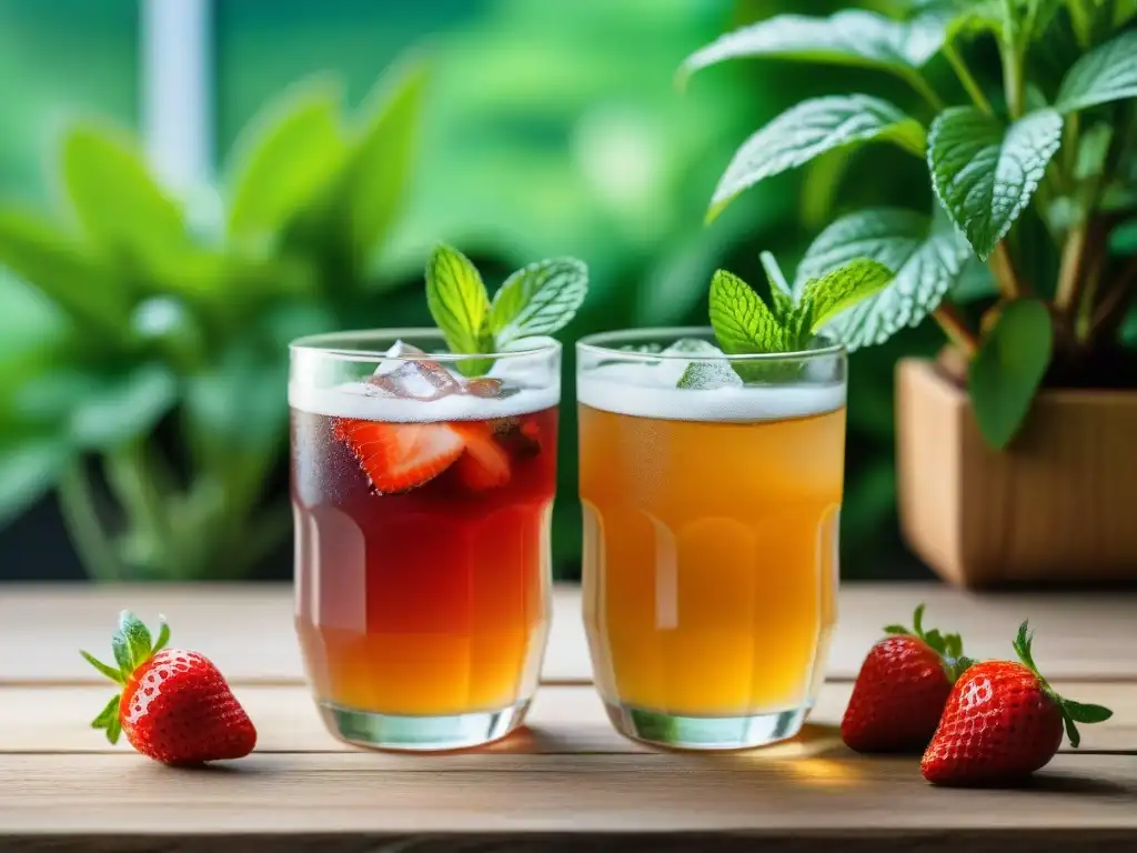 Dos copas de kombucha sin gluten casera y comercial, con sabores y colores vibrantes, sobre una mesa de madera rústica rodeada de plantas verdes