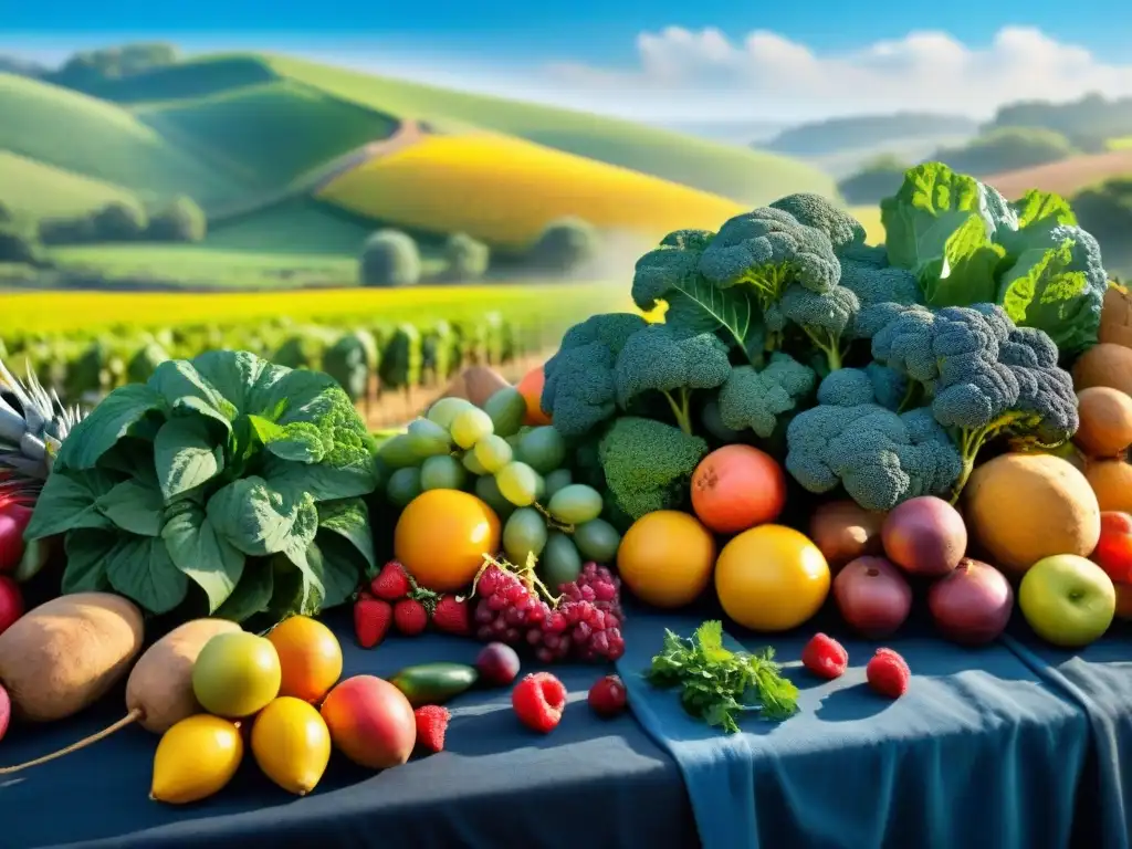 Una cosecha abundante de frutas y verduras coloridas y saludables en el campo soleado