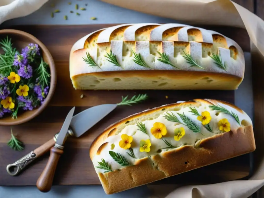 Creatividad en decoración pan sin gluten con semillas, frutos secos, hierbas y flores comestibles en panes artesanales detallados