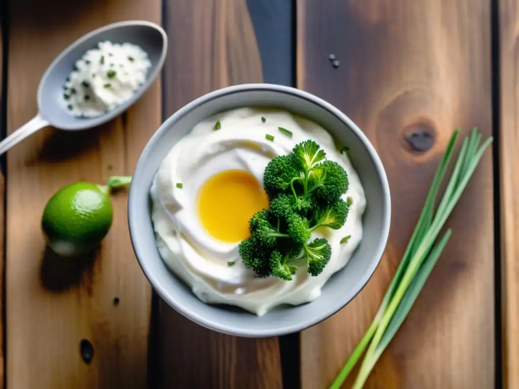 Crema agria sin lácteos receta: Deliciosa crema casera vegana con chía, limón y cebollino en un tazón de vidrio