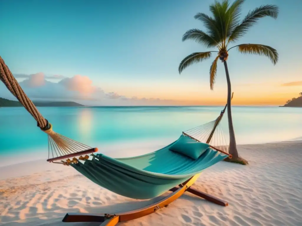 Crema de coco sin gluten: Atardecer tranquilo en una playa tropical, palmeras meciéndose suavemente bajo la cálida luz dorada