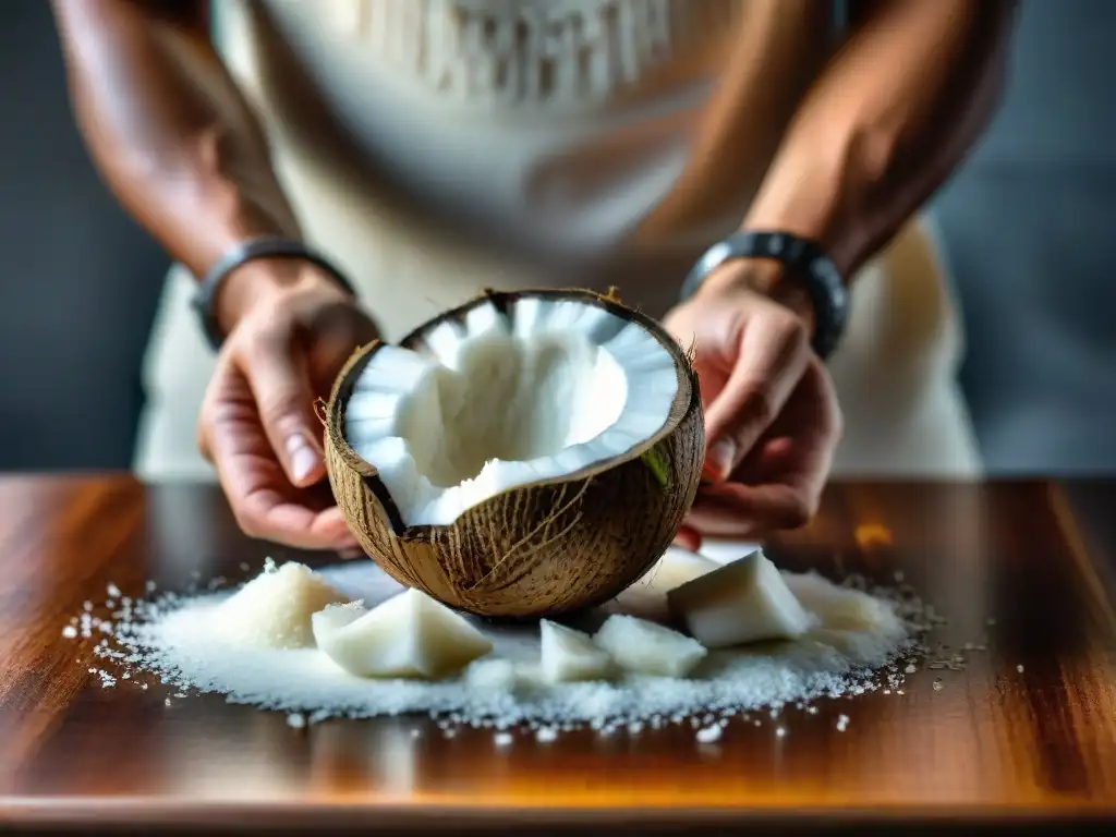 Crema de coco sin gluten: Detallada imagen de coco siendo rallado a mano, con su textura cremosa y frescura natural