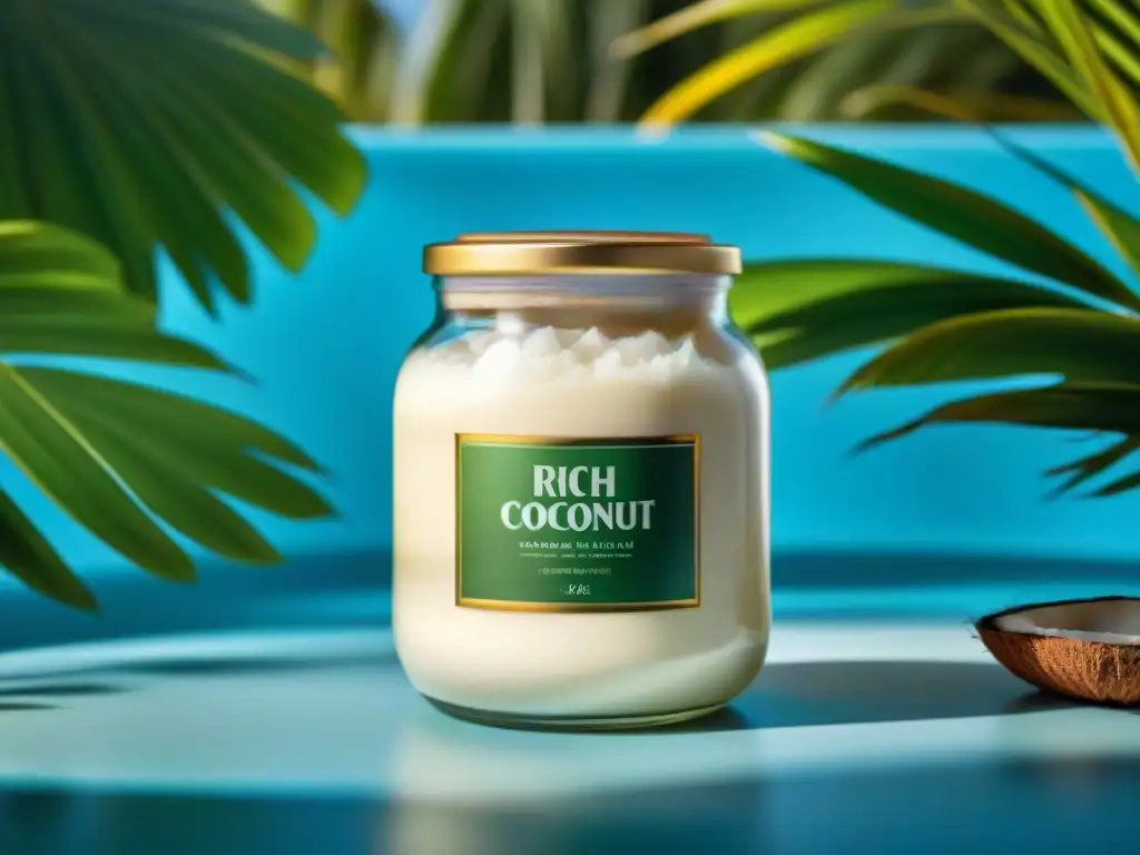 Crema de coco sin gluten en lujoso frasco de vidrio en entorno tropical sereno con hoja de coco verde