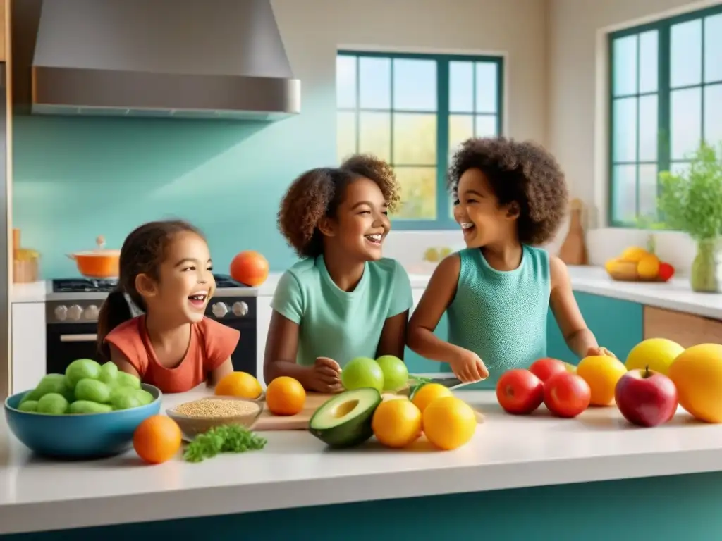 Crianza saludable: niños sin gluten disfrutan juntos en cocina vibrante llena de frutas y verduras coloridas, felicidad y salud