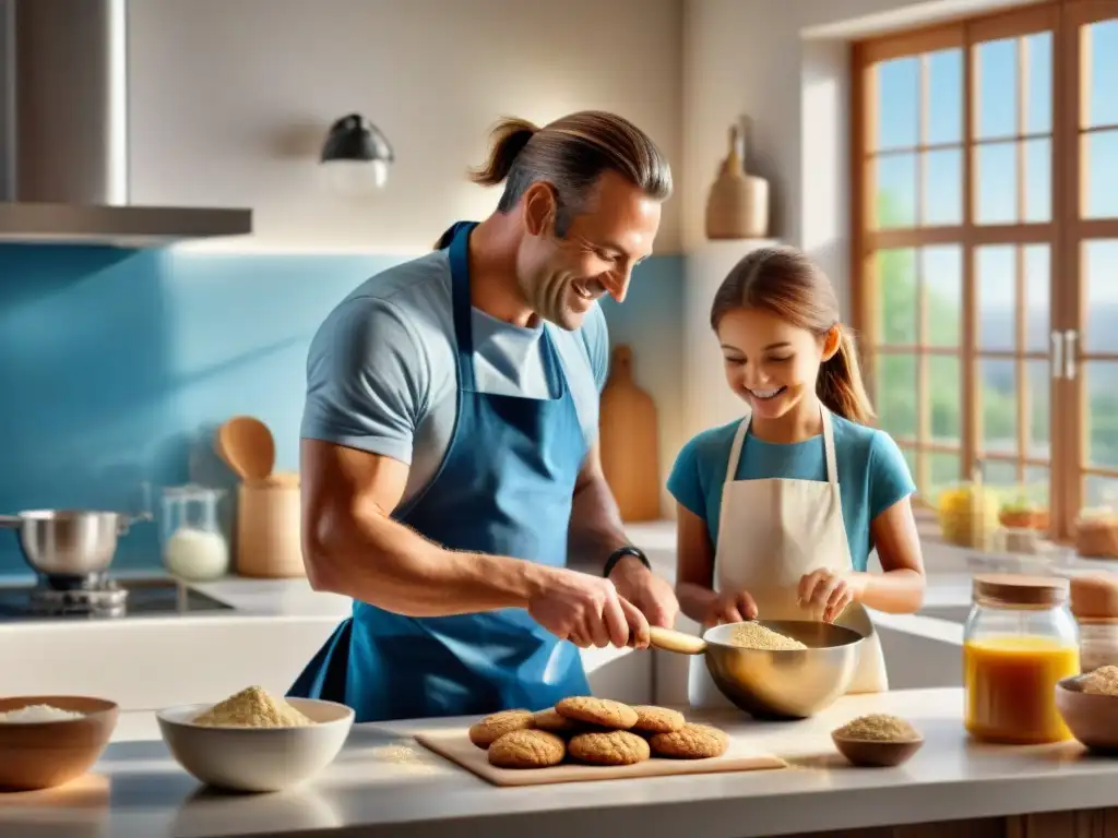 Crianza saludable: Padre e hija hornenando galletas sin gluten en cocina soleada