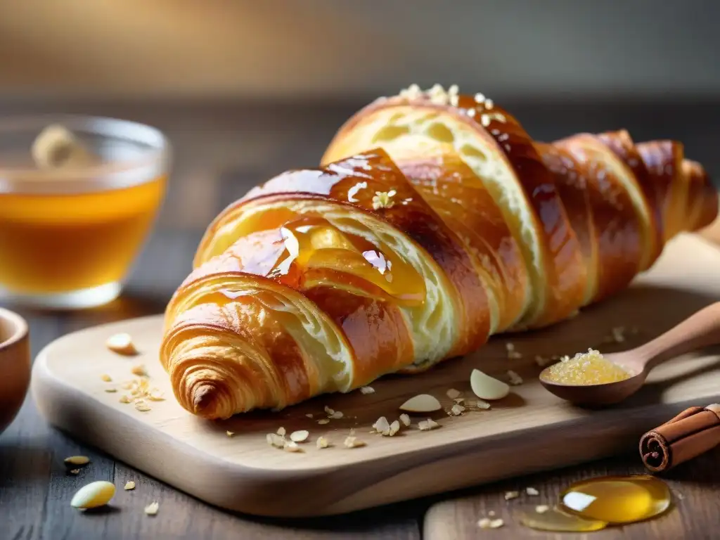 Un croissant sin gluten delicioso sobre tabla de madera rústica con almendras y miel