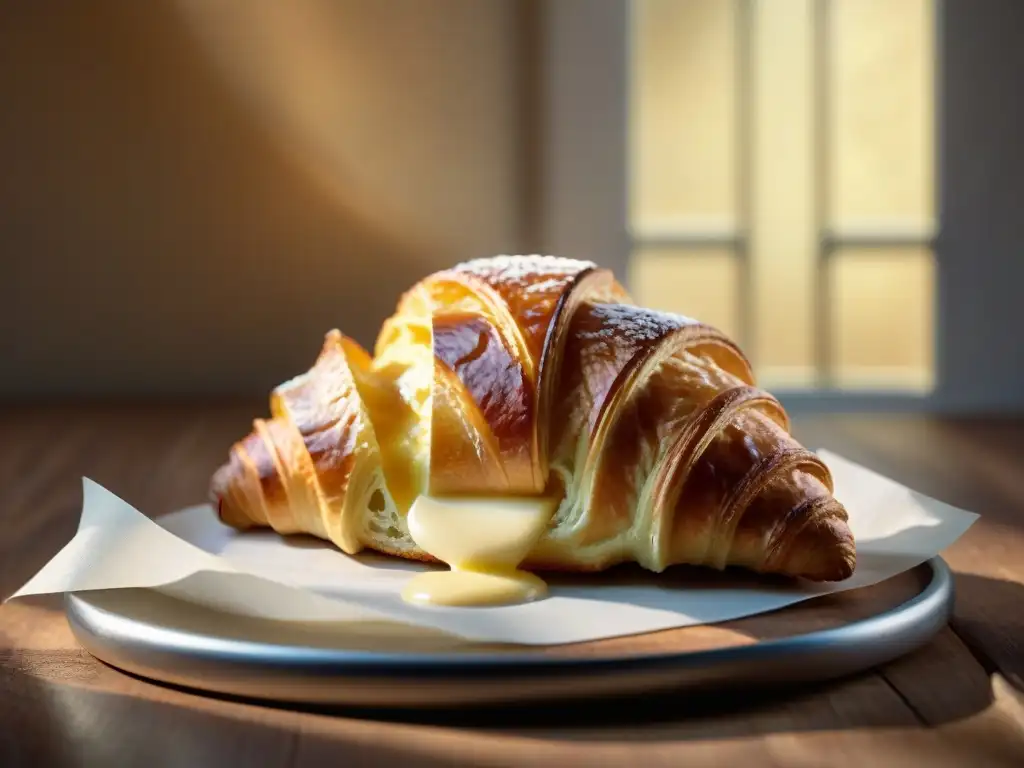 Un croissant sin gluten recién horneado con mantequilla cremosa, en una escena cálida y tentadora