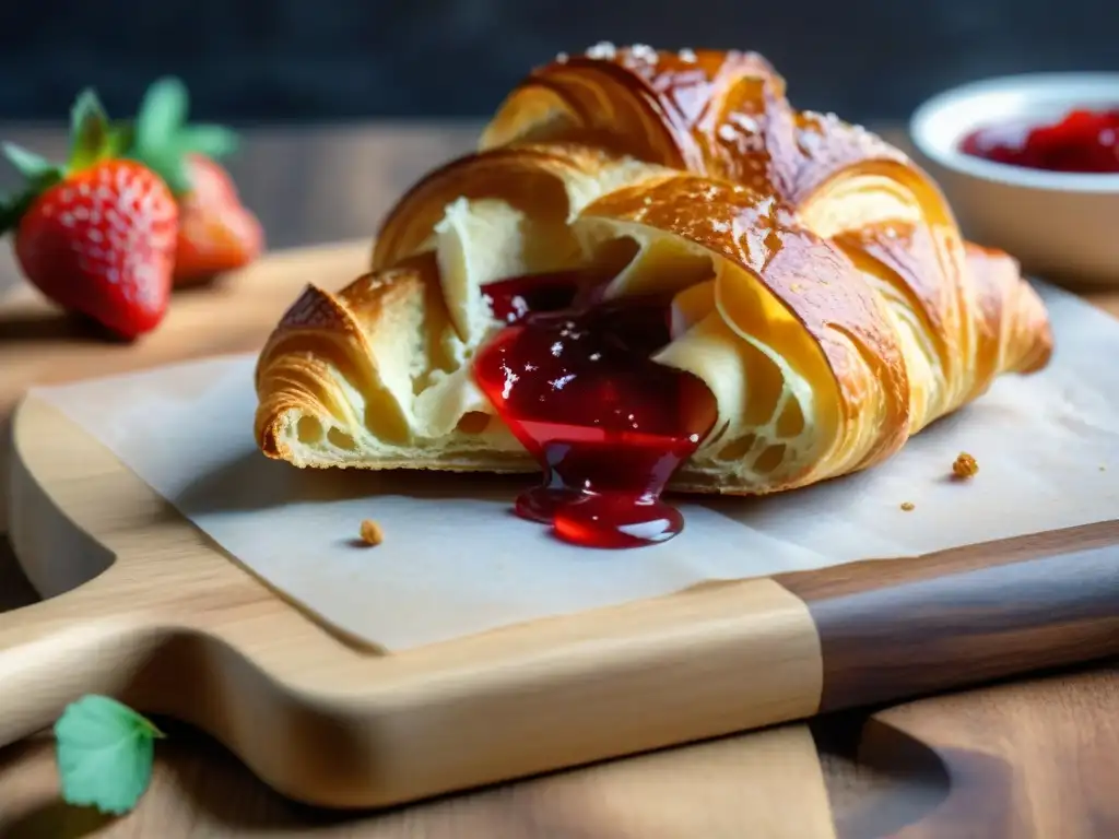 Un croissant sin gluten recién horneado en tabla de madera rústica, con migas y mermelada de fresa