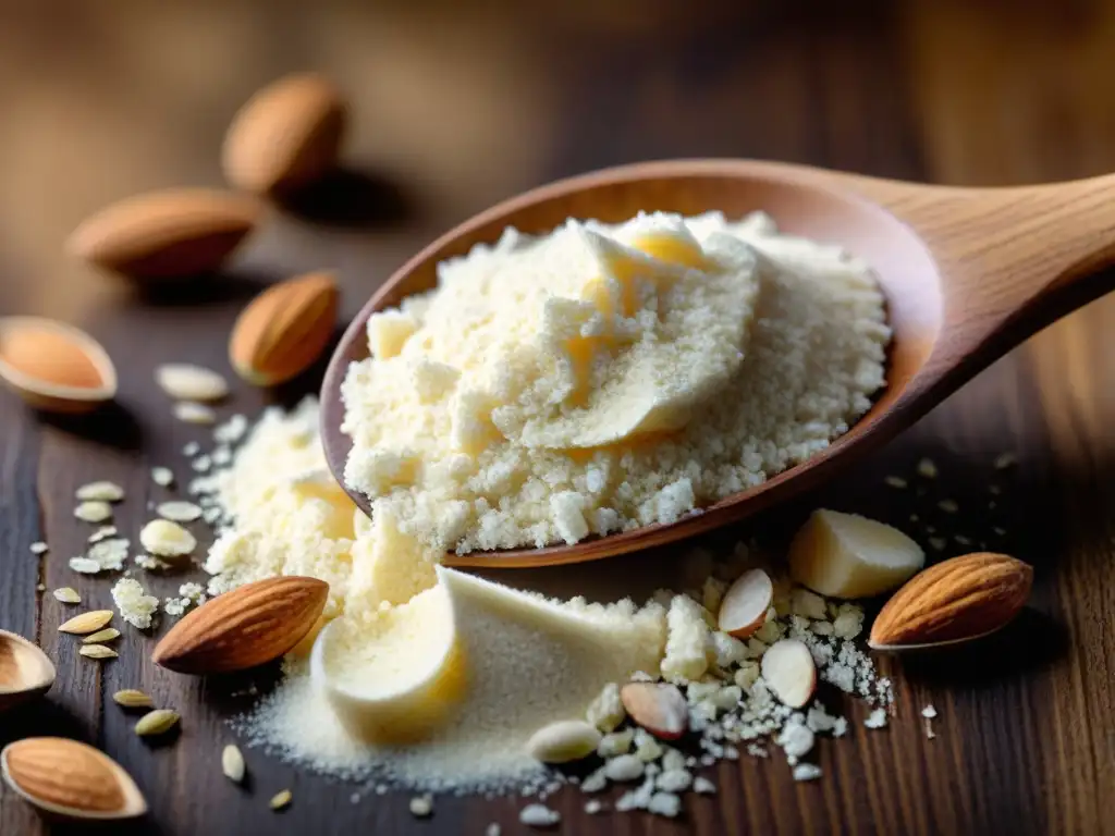 Una cuchara de madera recoge delicadamente harina de almendra sin gluten, bañada por luz natural, mostrando frescura y pureza