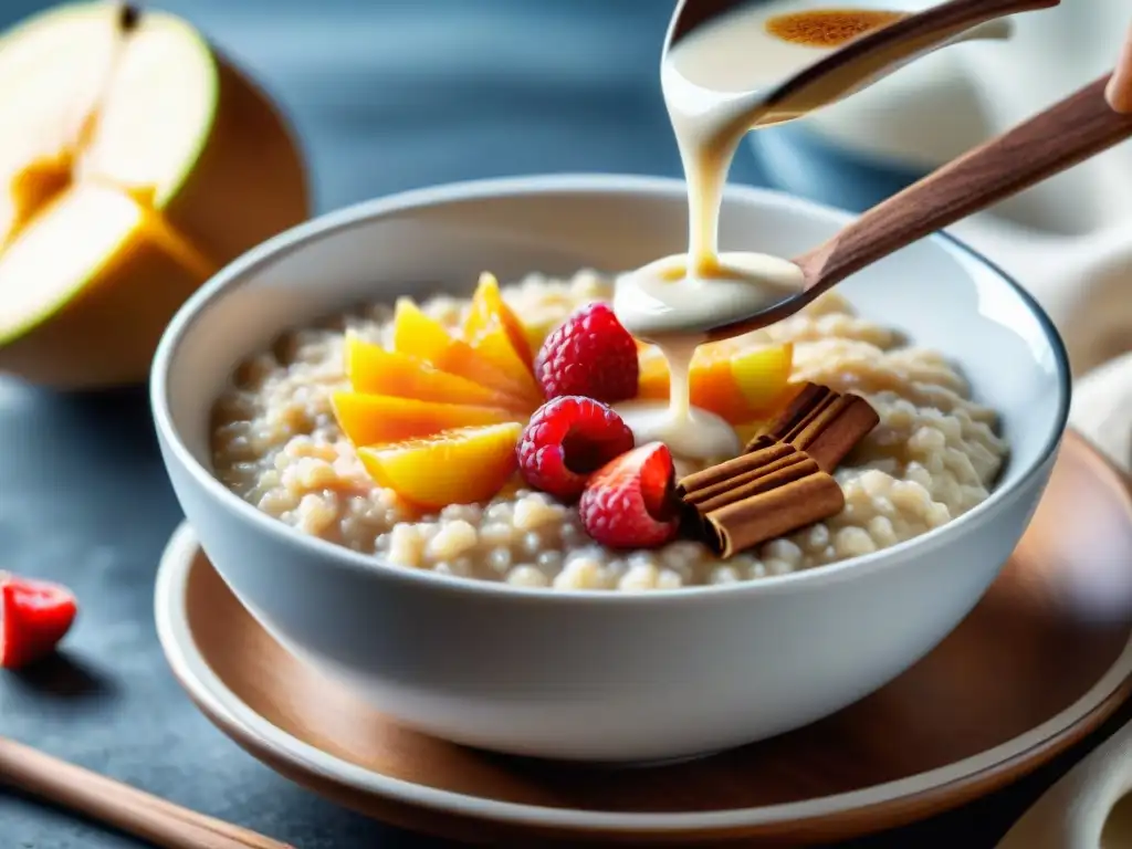 Deliciosa escena de avena sin gluten en bowl de cerámica Una cucharada de madera vierte avena sin gluten en un tazón de cerámica con porridge cremoso