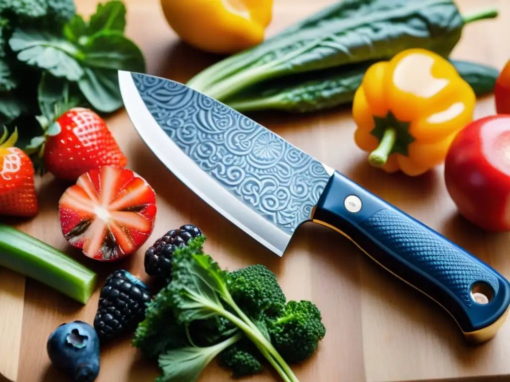 Un cuchillo cerámico moderno sobre tabla de madera con frutas y verduras frescas, ideal para cortar sin gluten