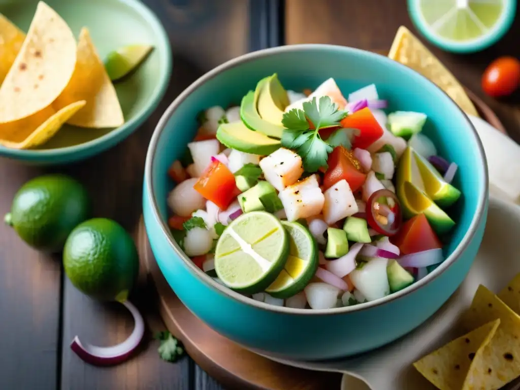 Un cuenco artesanal de ceviche sin gluten, repleto de ingredientes frescos y coloridos, sobre una mesa de madera rústica