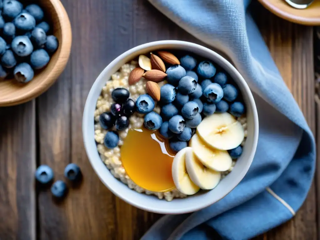 Un cuenco de avena sin gluten, con arándanos frescos, almendras, semillas de chía y miel, sobre una mesa de madera rústica