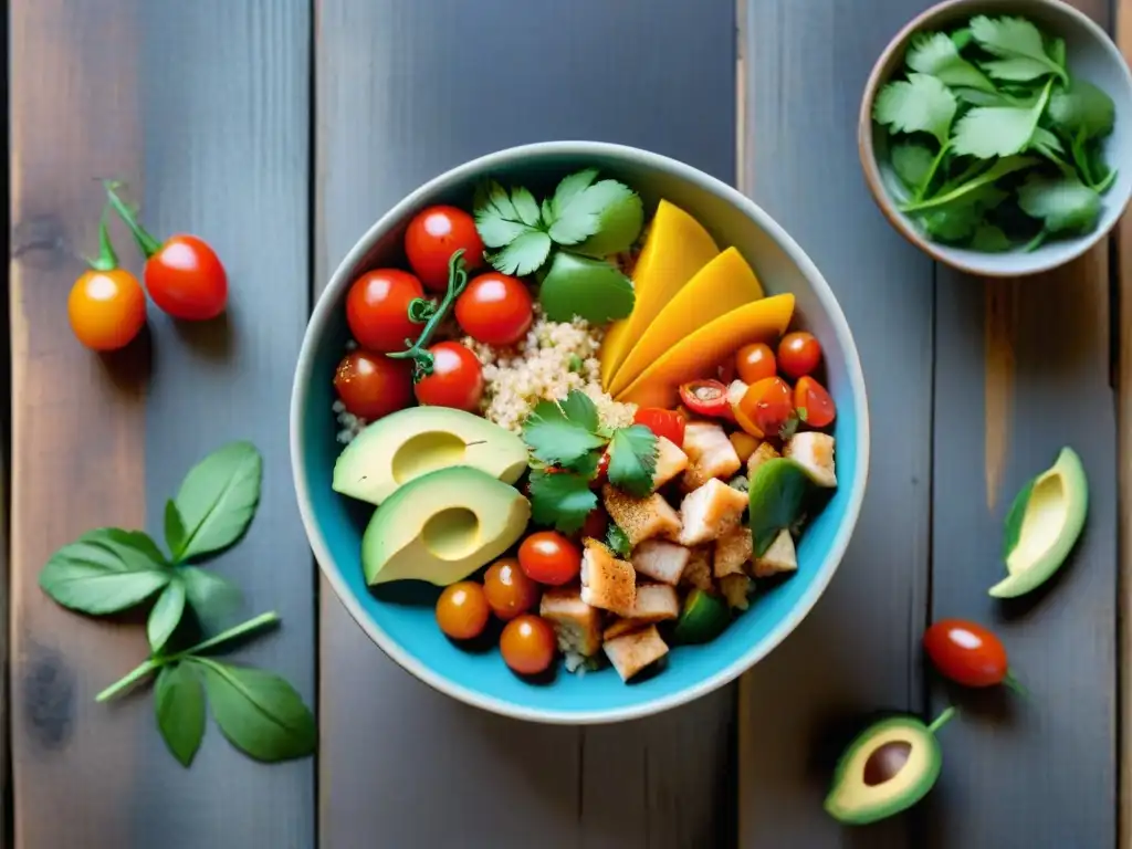 Un cuenco de ceviche vibrante sin gluten con pescado, aguacate, pimientos, tomates, cilantro, quinoa, limón y chiles en mesa rústica