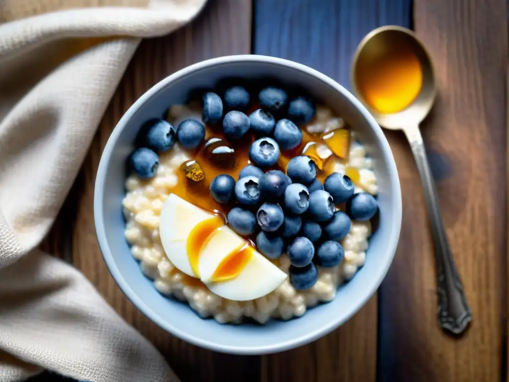 Un cuenco colorido con avena sin gluten beneficiosa, arándanos frescos, almendras y miel, sobre mesa rústica