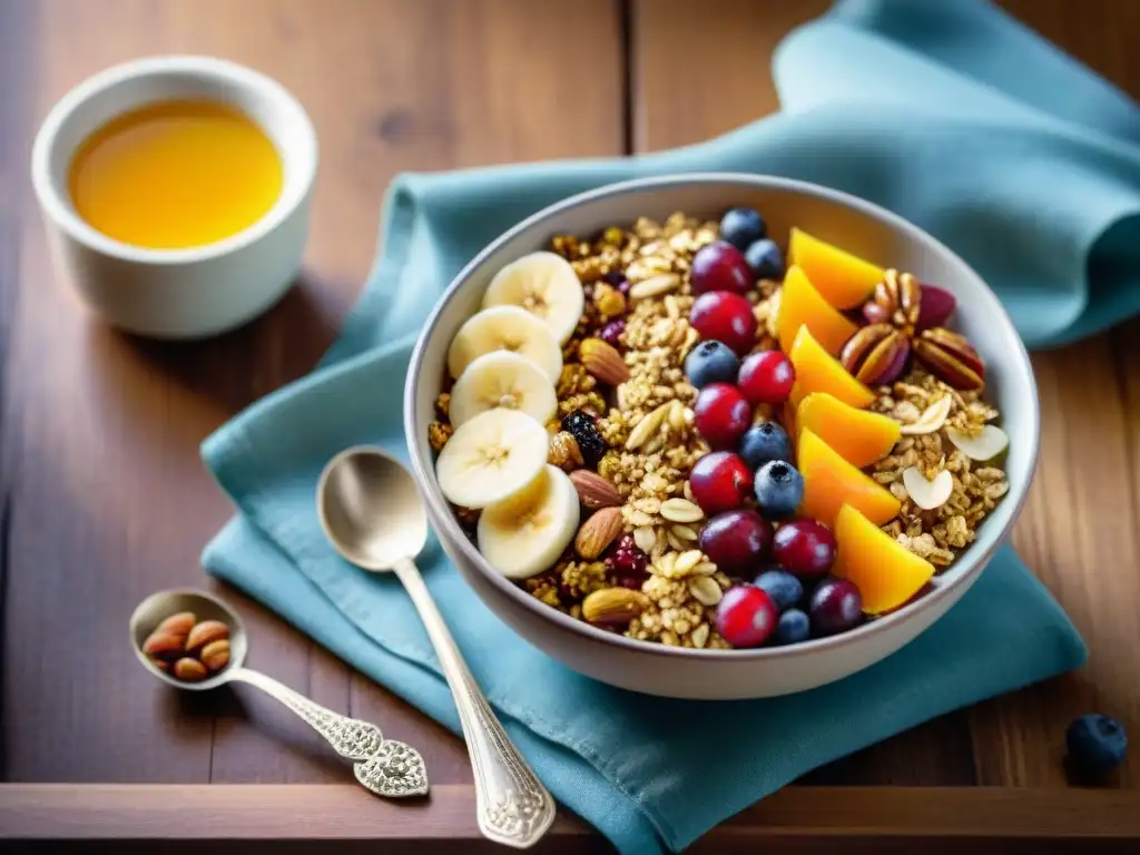 Un cuenco de desayuno colorido con granola casera sin gluten, frutos secos, semillas, miel, en una mesa de madera rústica al sol de la mañana