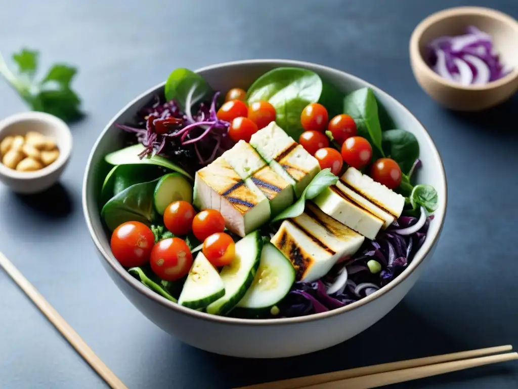 Un cuenco de ensalada asiática sin gluten vegana rebosante de coloridos ingredientes frescos, sobre una mesa de madera elegante