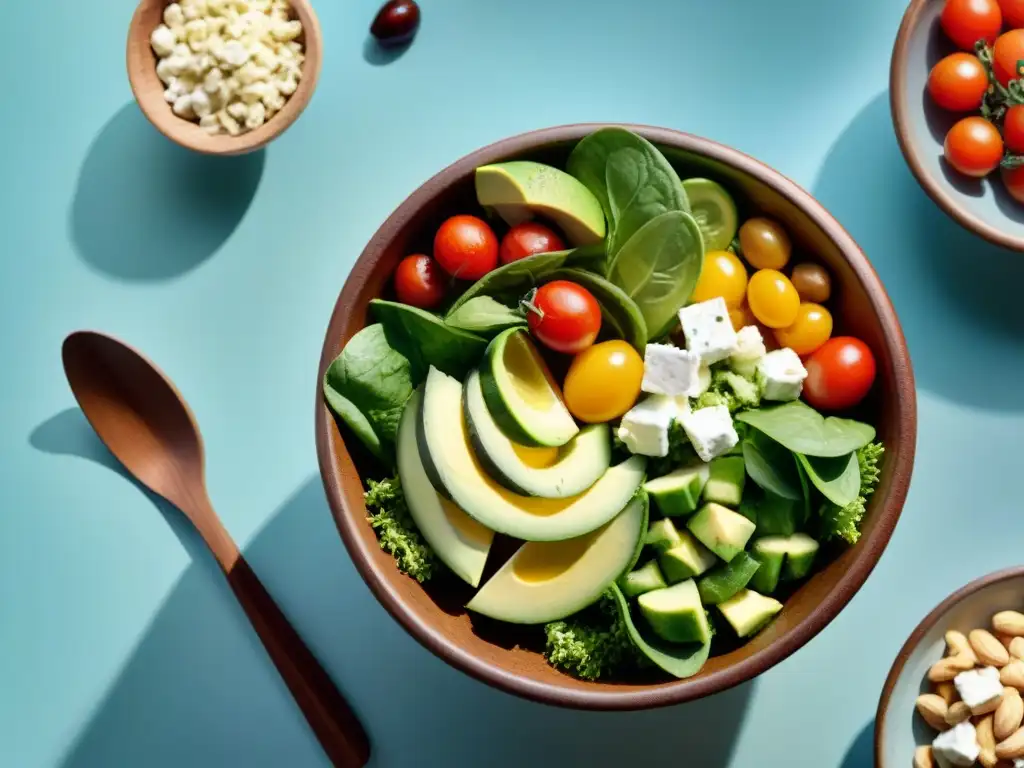 Ensalada vibrante y fresca: composición detallada y realista Un cuenco de ensalada colorida y vibrante con ingredientes frescos: lechuga, tomates, pepino, aguacate, queso feta y frutos secos