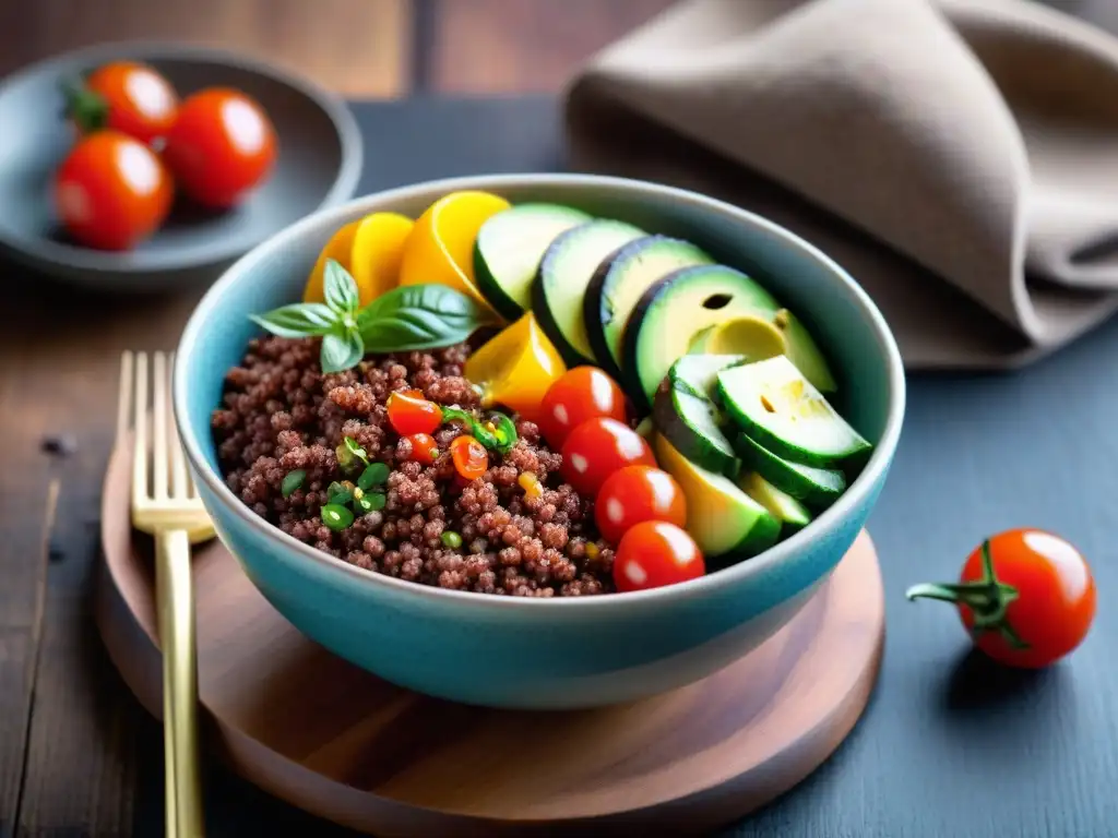 Un cuenco de ensalada de quinua roja vibrante y colorida con vegetales frescos