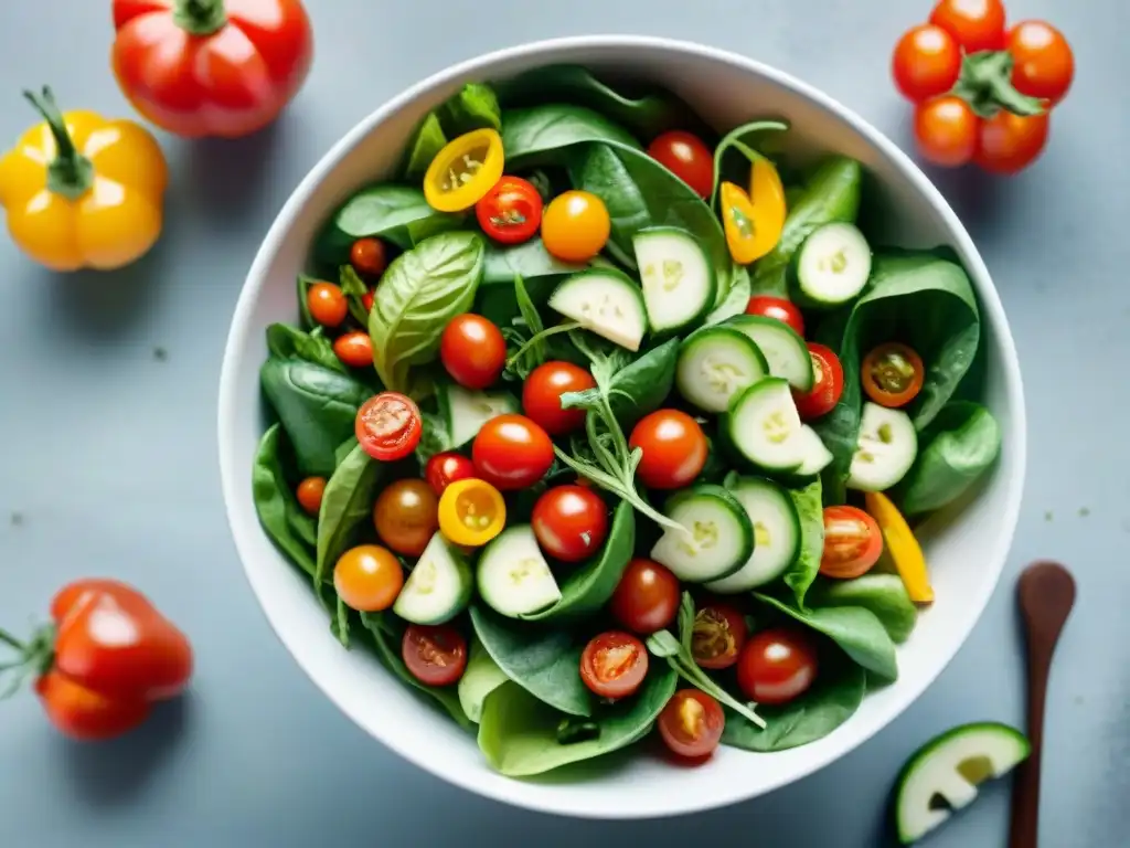 Un cuenco de ensalada vibrante y colorida con vegetales frescos y crujientes, bañados en un delicioso aderezo balsámico sin gluten